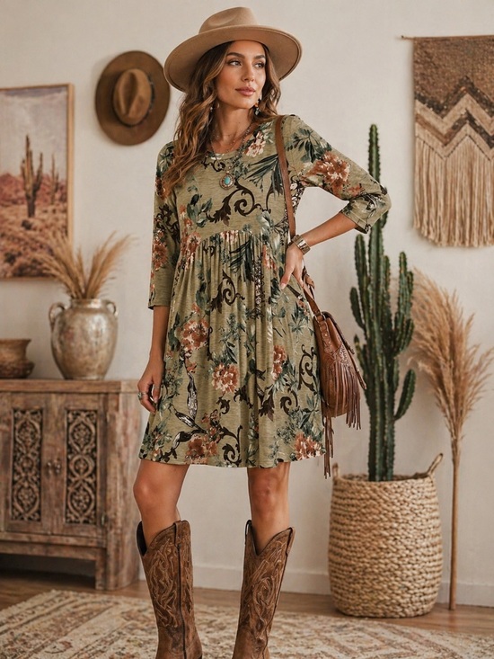 Honeyme Dresses & Skirts - Honeyme Olive Green Floral Boho Mini Dress